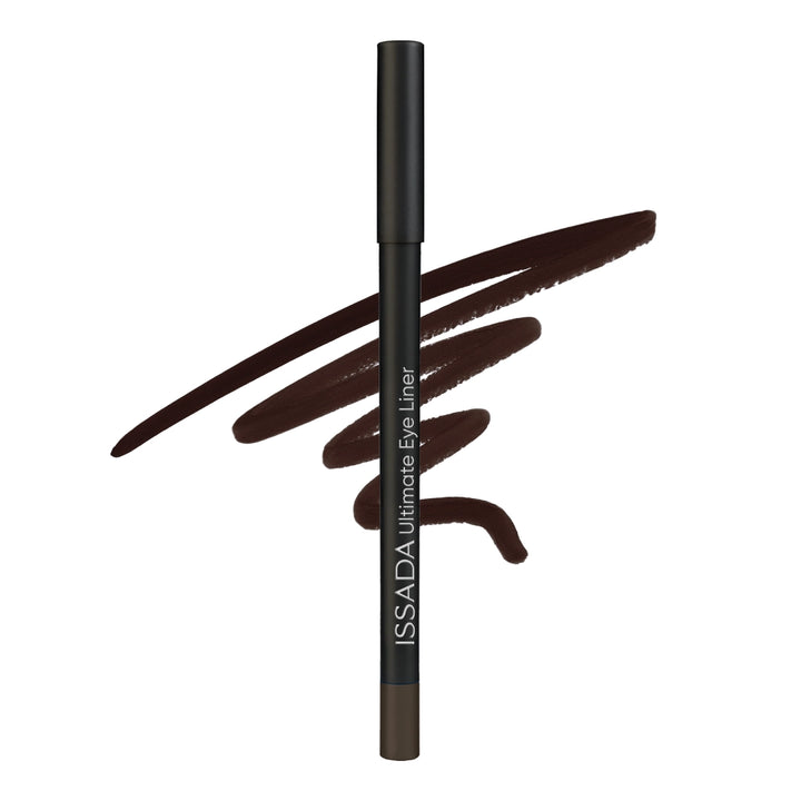 Issada Ultimate Eye Liner in Quest, a deep chocolate brown eyeliner pencil displayed with a rich, matte brown swatch behind it.
