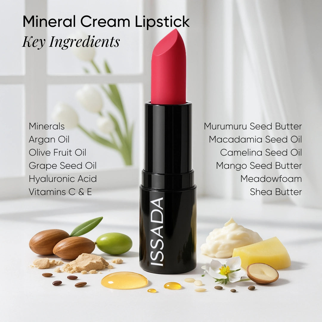 Issada Regal Red Mineral Cream Lipstick displayed with natural key ingredients including argan oil, olive fruit oil, macadamia seed oil, shea butter, and hyaluronic acid. Issada Regal Red Mineral Cream Lipstick displayed with natural key ingredients including argan oil, olive fruit oil, macadamia seed oil, shea butter, and hyaluronic acid.