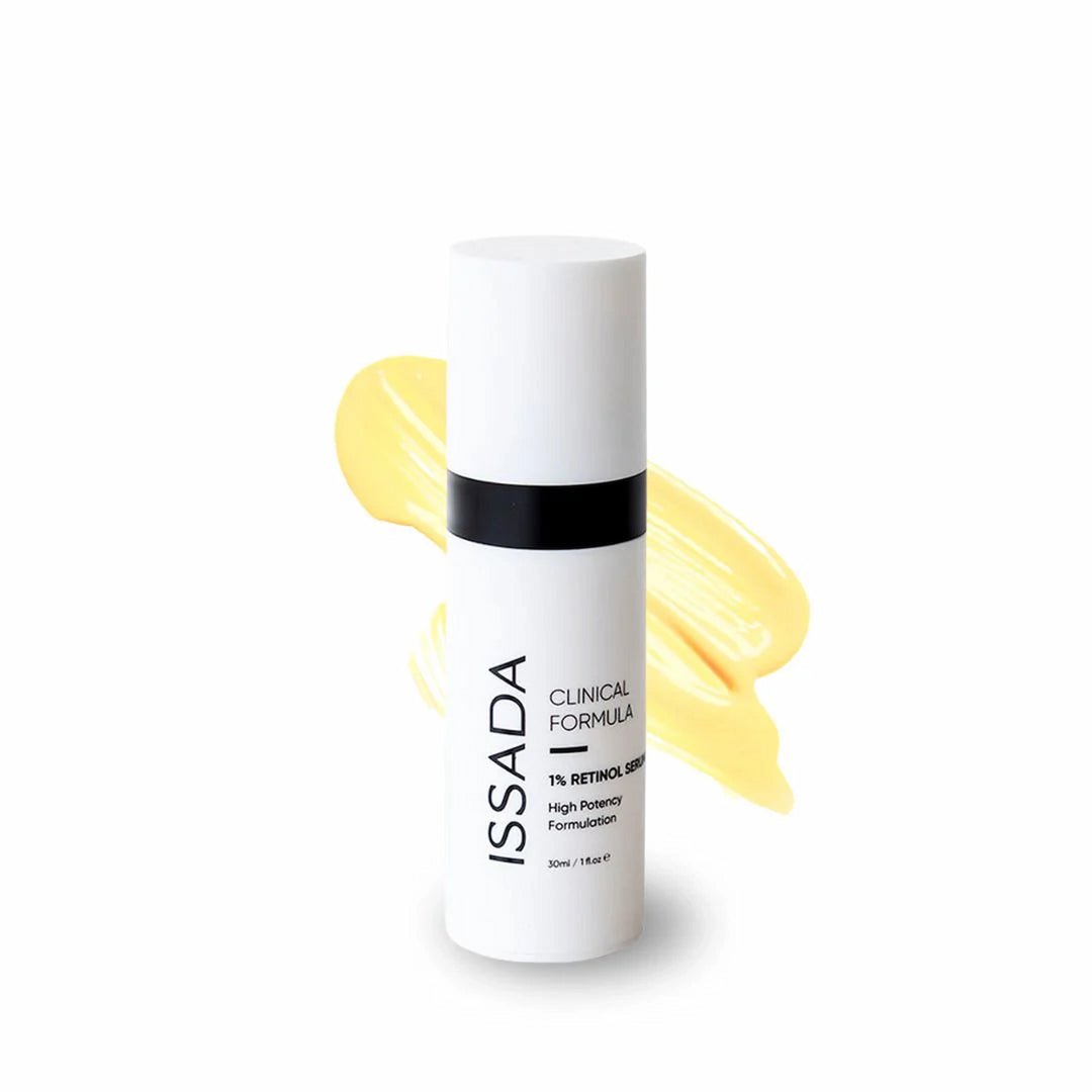 ISSADA 1% Retinol Serum with yellow cream smear on a white background ISSADA 1% Retinol Serum with yellow cream smear on a white background