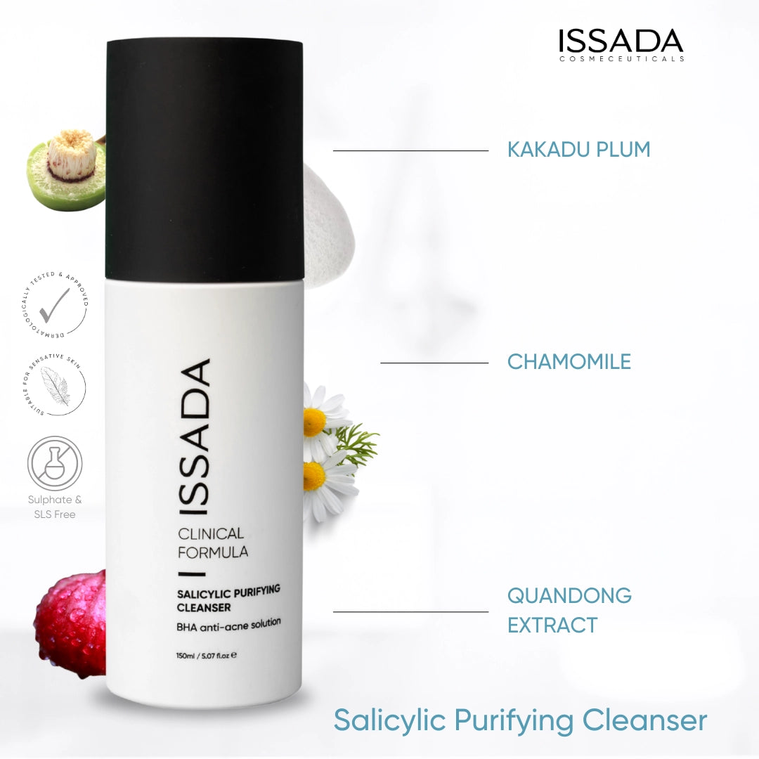Issada Salicylic Purifying Cleanser with labeled ingredients Kakadu Plum, Chamomile, and Quandong Extract, highlighting the formula’s natural and soothing components. Issada Salicylic Purifying Cleanser with labeled ingredients Kakadu Plum, Chamomile, and Quandong Extract, highlighting the formula’s natural and soothing components.