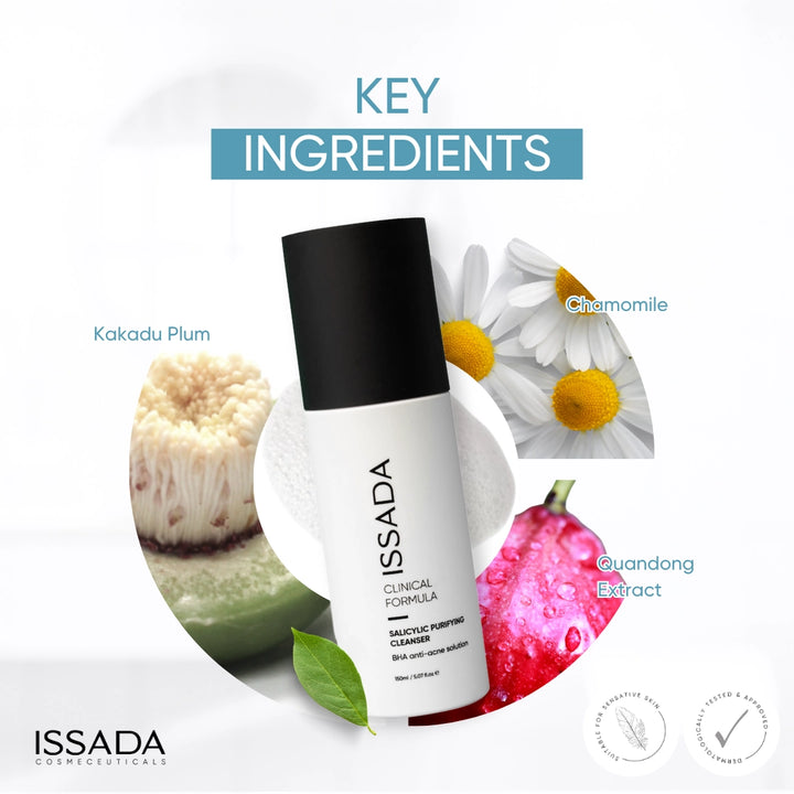 Issada Salicylic Purifying Cleanser with key ingredients Kakadu Plum, Chamomile, and Quandong Extract displayed around the product bottle.