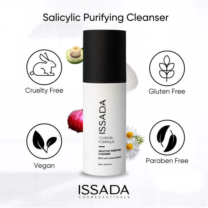 Issada Salicylic Purifying Cleanser surrounded by icons highlighting its features — cruelty free, vegan, gluten free, and paraben free.