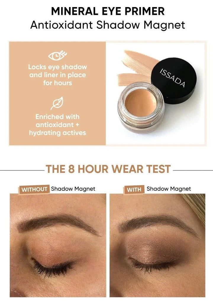 ISSADA Antioxidant Shadow Magnet mineral eye primer with benefits and 8-hour wear test before and after results