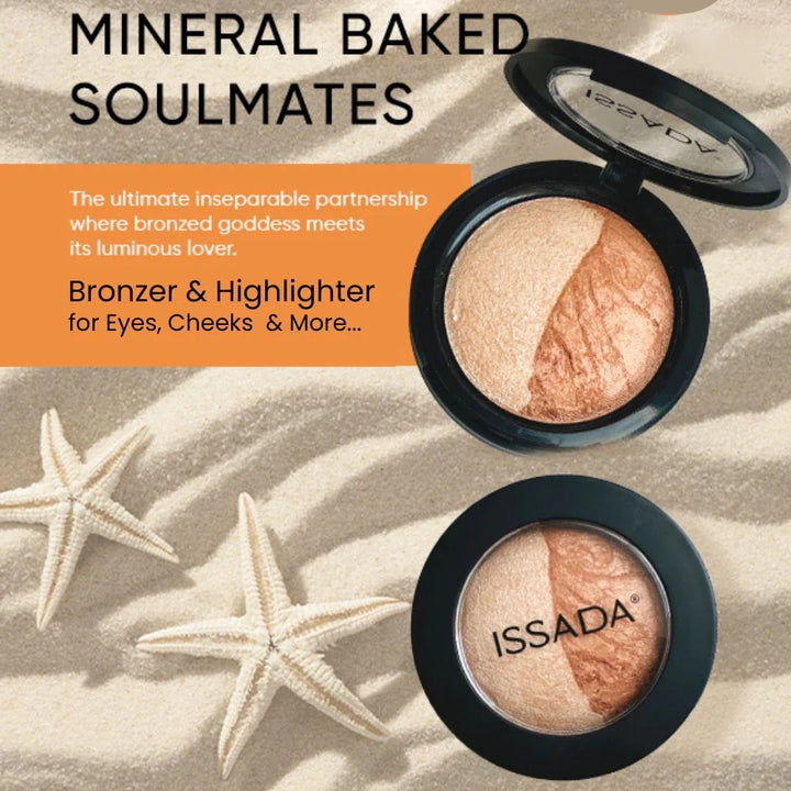 ISSADA mineral baked bronzer and highlighter on a sand background with starfish.
