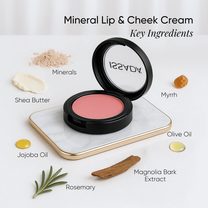 Issada Mineral Lip & Cheek Cream in Strawberry Milkshake shade shown with key ingredients including Shea Butter, Jojoba Oil, Olive Oil, Myrrh, Minerals, Magnolia Bark Extract, and Rosemary, highlighting its nourishing, skin-loving formula.