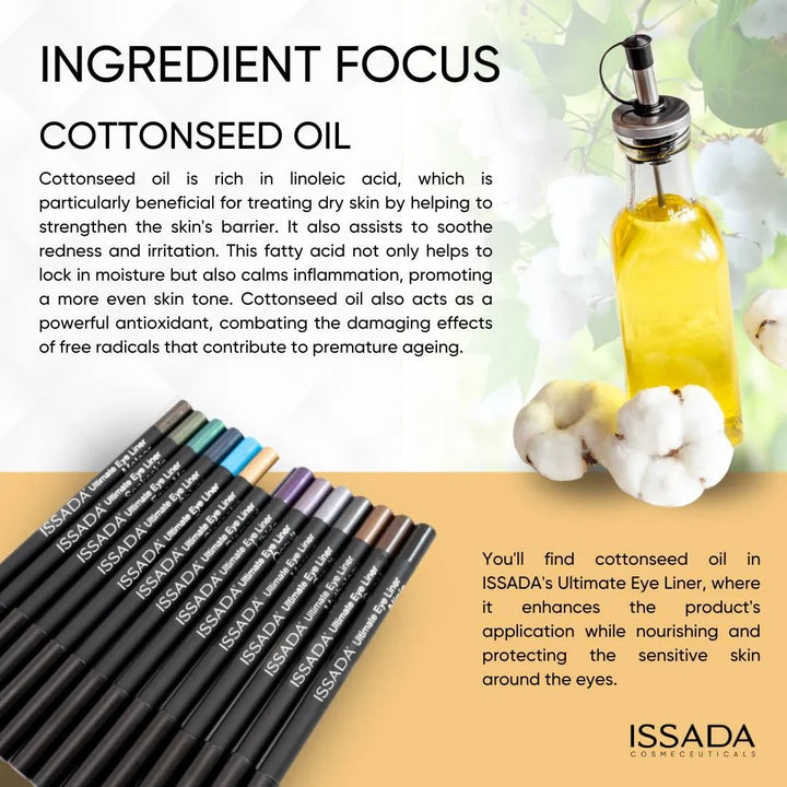 ISSADA Ultimate Eye Liner pencils with cottonseed oil benefits for hydration, soothing, and antioxidant protection