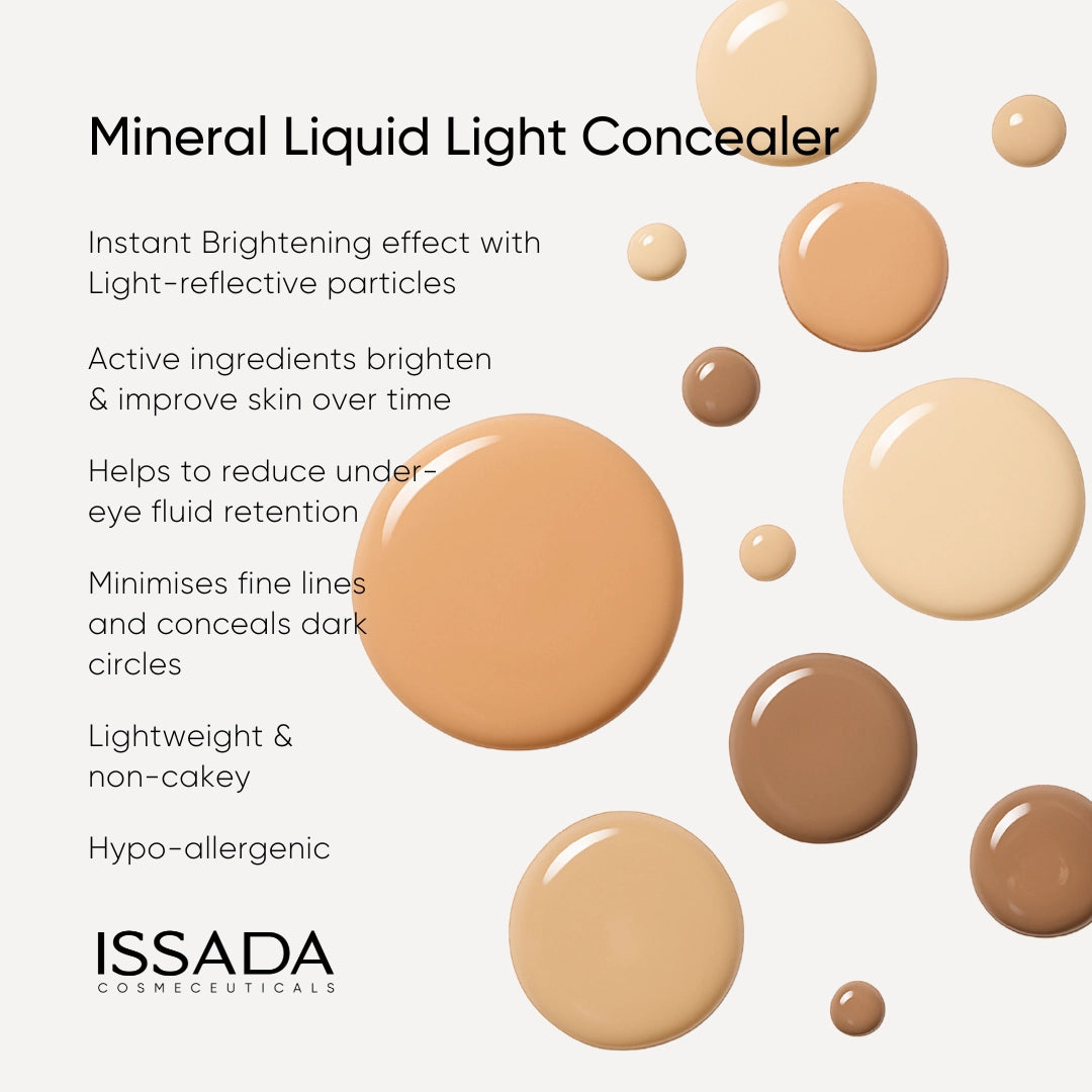 Issada Liquid Light Concealer Vanilla shade with key benefits including brightening, fine line minimising, dark circle concealing, and lightweight non-cakey formula Issada Liquid Light Concealer Vanilla shade with key benefits including brightening, fine line minimising, dark circle concealing, and lightweight non-cakey formula