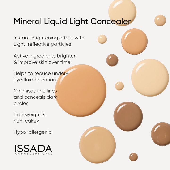 Issada Liquid Light Concealer Vanilla shade with key benefits including brightening, fine line minimising, dark circle concealing, and lightweight non-cakey formula
