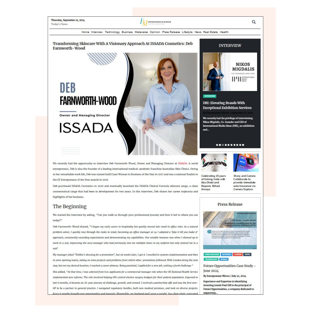 Transforming Skincare With A Visionary Approach At ISSADA Cosmetics: Deb Farnworth-Wood