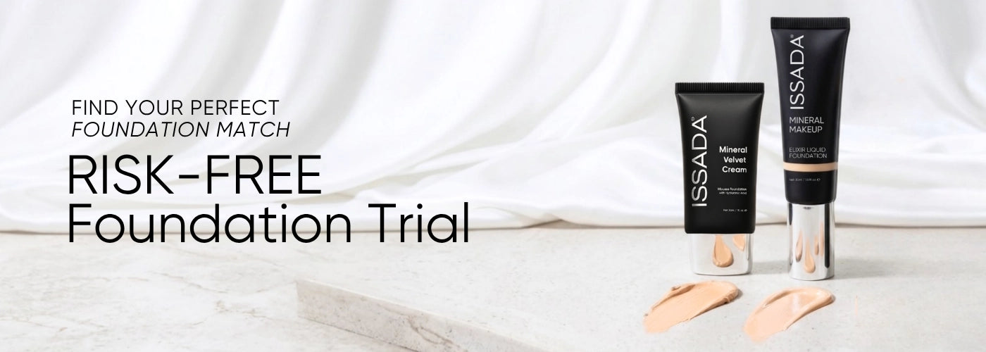 ISSADA Risk-Free Foundation Trial banner with two foundation tubes and nude swatches on a white backdrop.