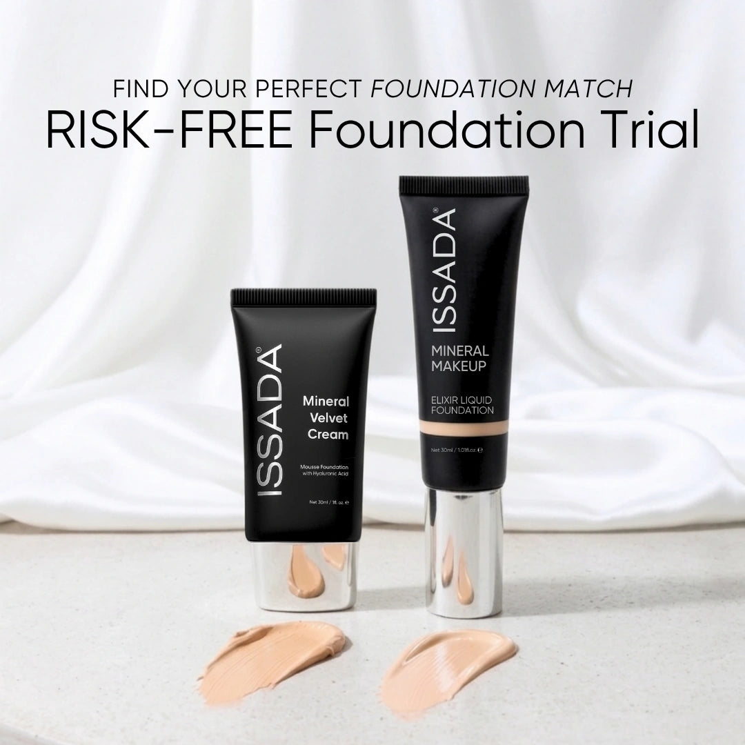 ISSADA Risk-Free Foundation Trial mobile banner with two foundation tubes and nude swatches on white fabric.