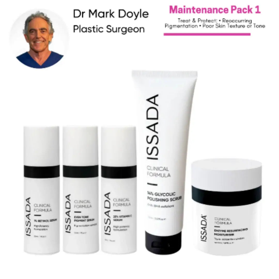Dr. Mark Doyle’s Issada Clinical Formula Post-Surgery Maintenance Pack 1 for treating reoccurring pigmentation, poor skin texture, and uneven tone.