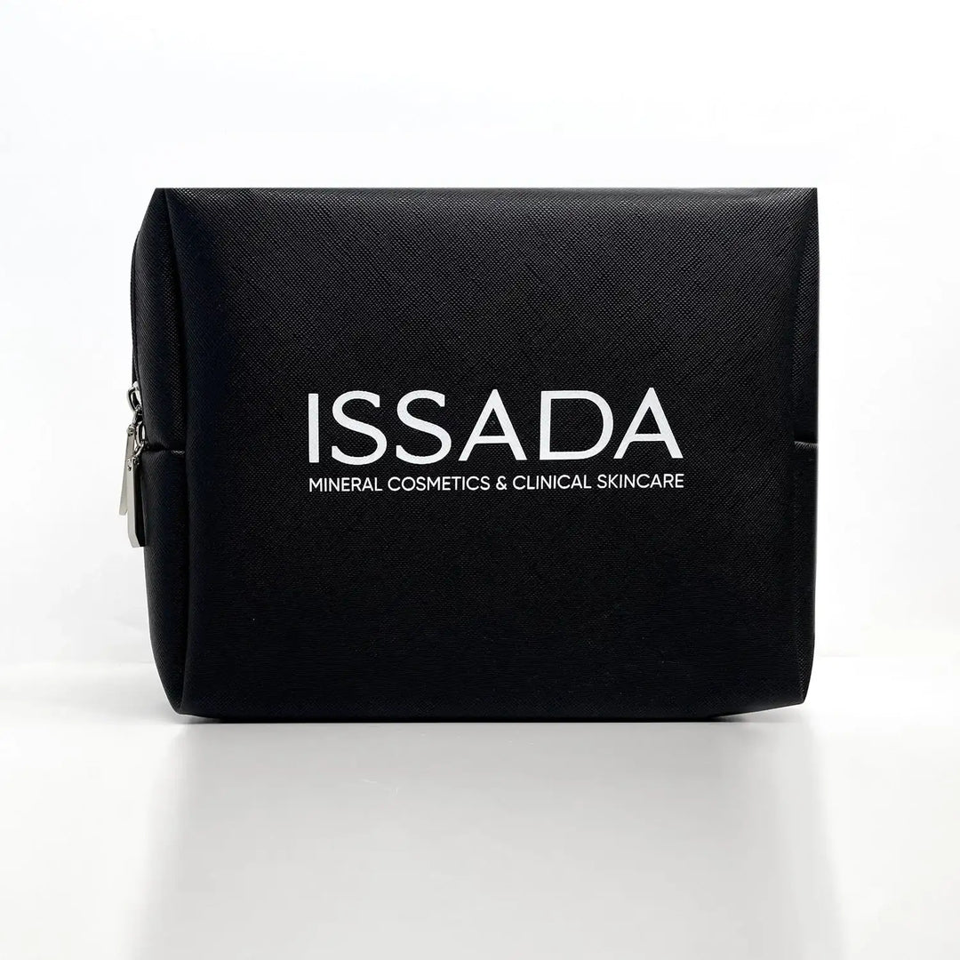 Issada black cosmetic bag with zipper, ideal for storing skincare, brushes, and makeup essentials.