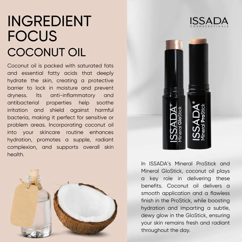 ISSADA mineral Prostick with coconut oil focus and product details on a beige background