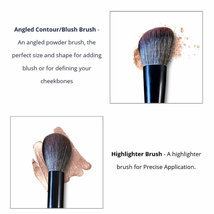 Issada Angled Contour Blush Brush and Highlighter Brush guide showing tools for defining cheekbones, applying blush, and precise highlighter placement.