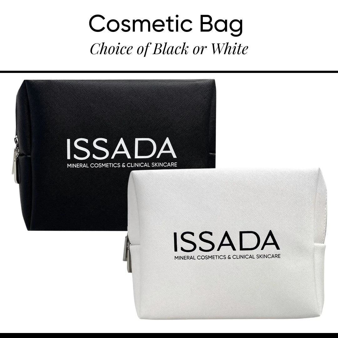 Issada cosmetic bag in black and white options with zip closure and branded logo.
