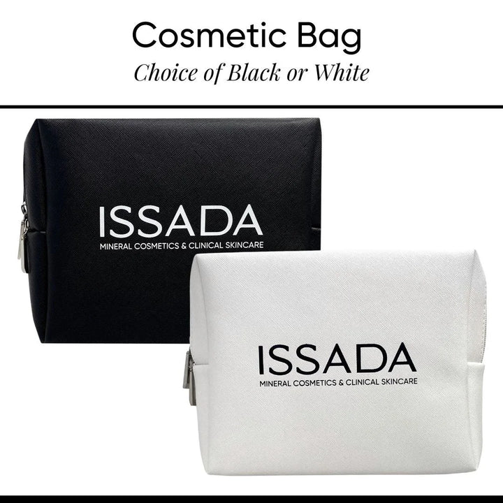 Issada cosmetic bag in black and white options with zip closure and branded logo.