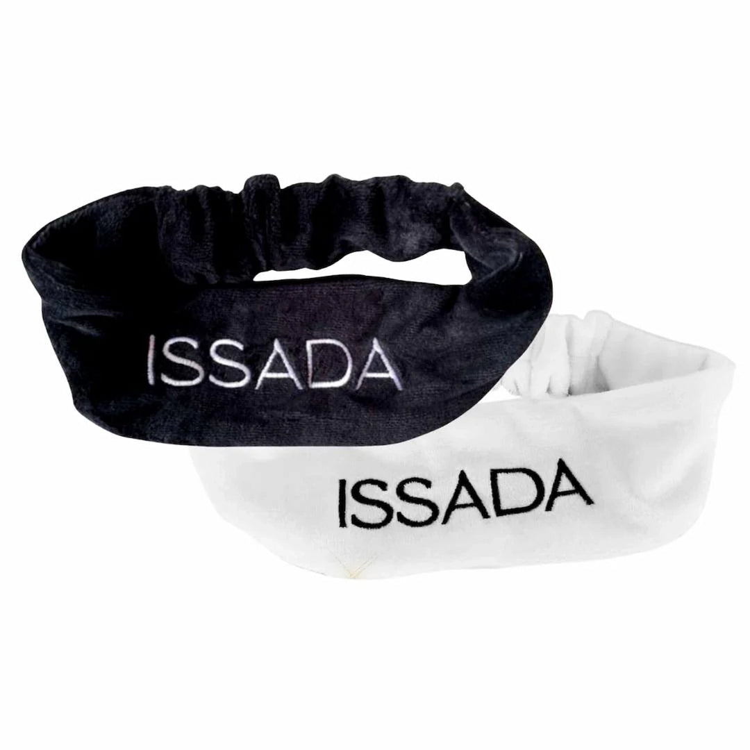 Issada cosmetic headbands in black and white, soft elastic design to hold hair back during skincare and makeup application.