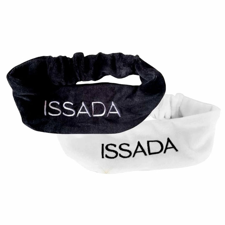 Issada cosmetic headbands in black and white, soft elastic design to hold hair back during skincare and makeup application.