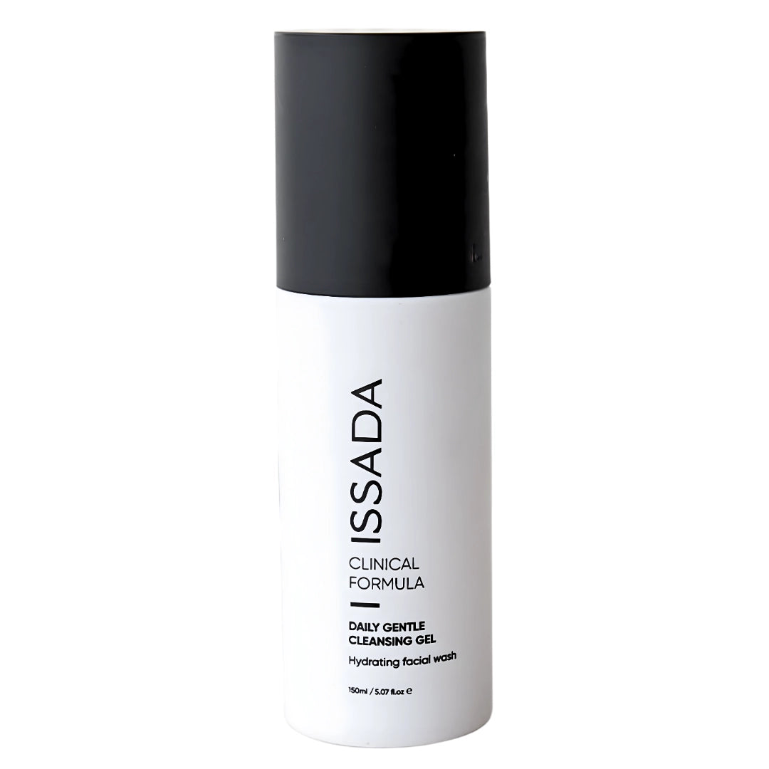 White bottle with black cap labeled ISSADA Daily Gentle Cleansing Gel on a white background