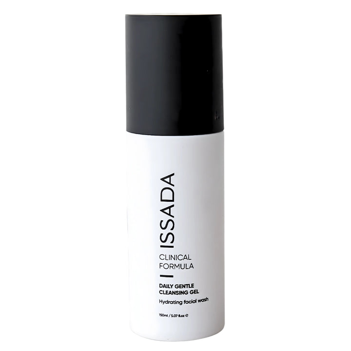 White bottle with black cap labeled ISSADA Daily Gentle Cleansing Gel on a white background
