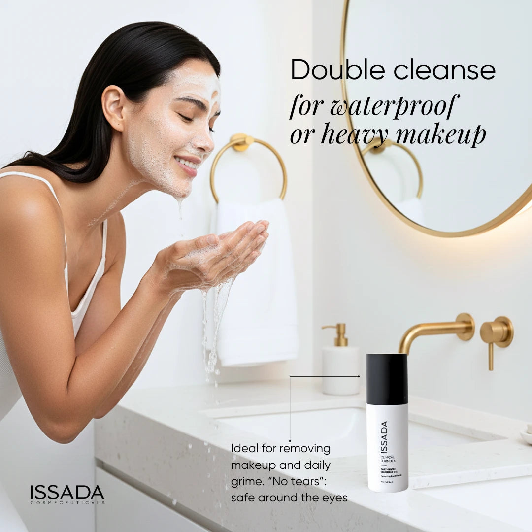 Woman washing her face with Daily Gentle Cleansing Gel in a bathroom setting.