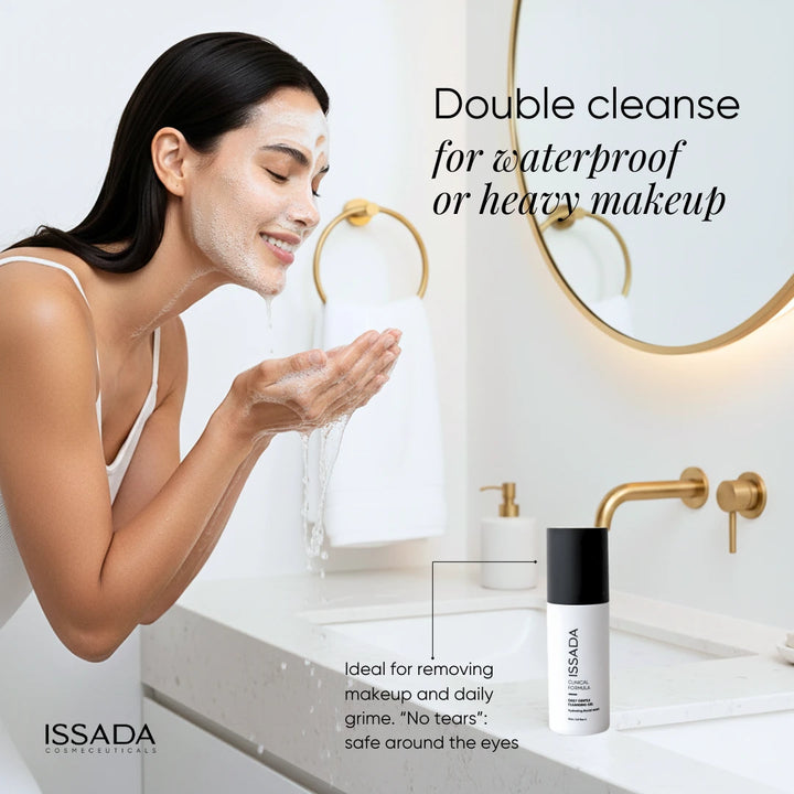 Woman washing her face with Daily Gentle Cleansing Gel in a bathroom setting.