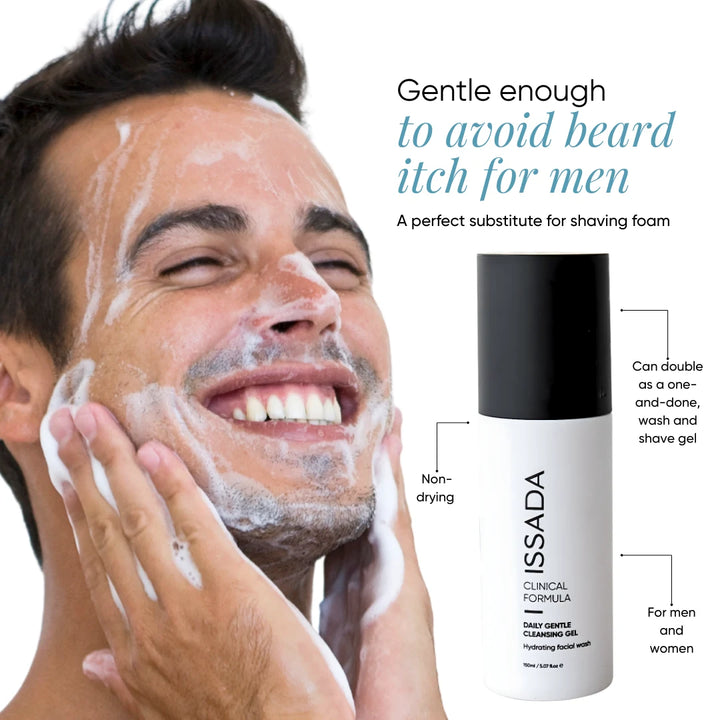 Man applying ISSADA Daily Gentle Cleansing Gel on a white background