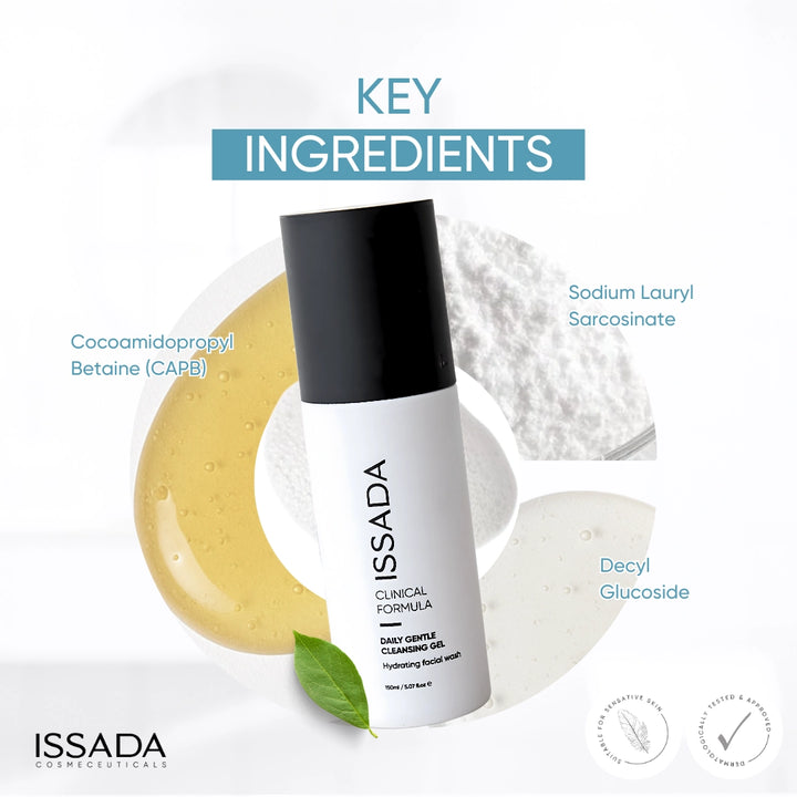 ISSADA Daily Gentle Cleansing Gel with key ingredients displayed on a white background