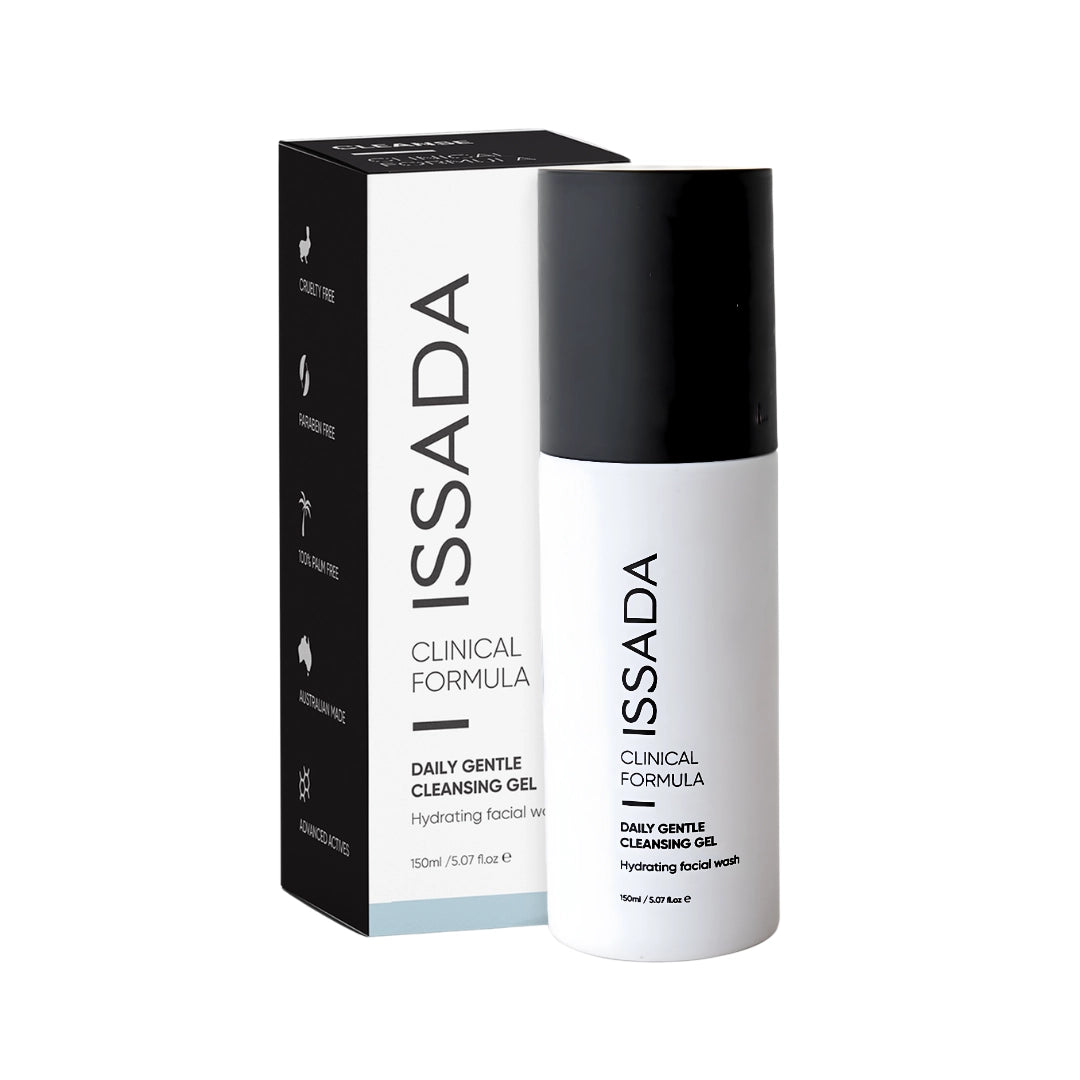 ISSADA clinical formula daily gentle cleansing gel with packaging on a white background