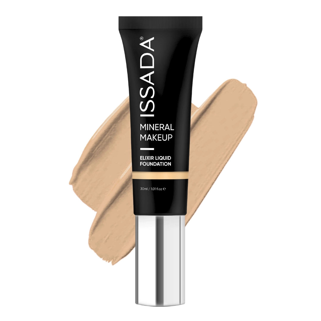 ISSADA Mineral Makeup Elixir Liquid Foundation in 1 cool shade tube with a swatch on a white background