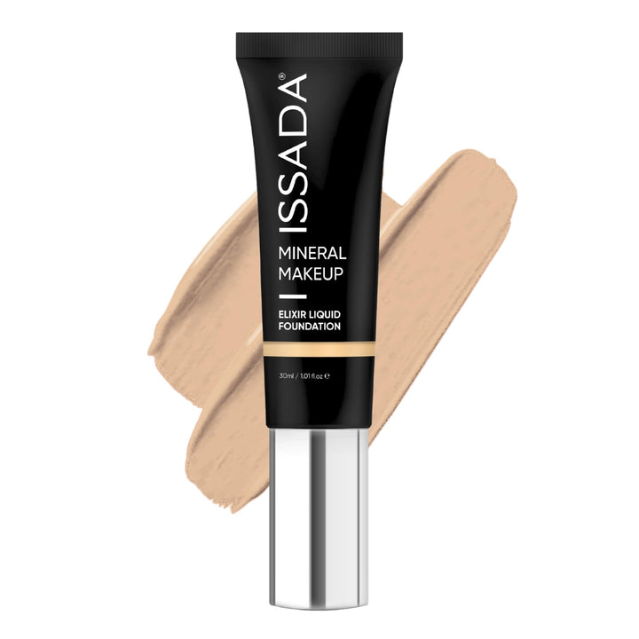 ISSADA Mineral Makeup Elixir Liquid Foundation in 1 neutral tube with swatch on a white background