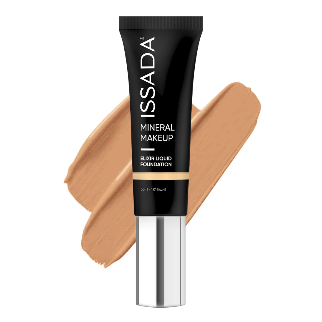 ISSADA Mineral Makeup Elixir Liquid Foundation in 10 cool tube with swatch on a white background