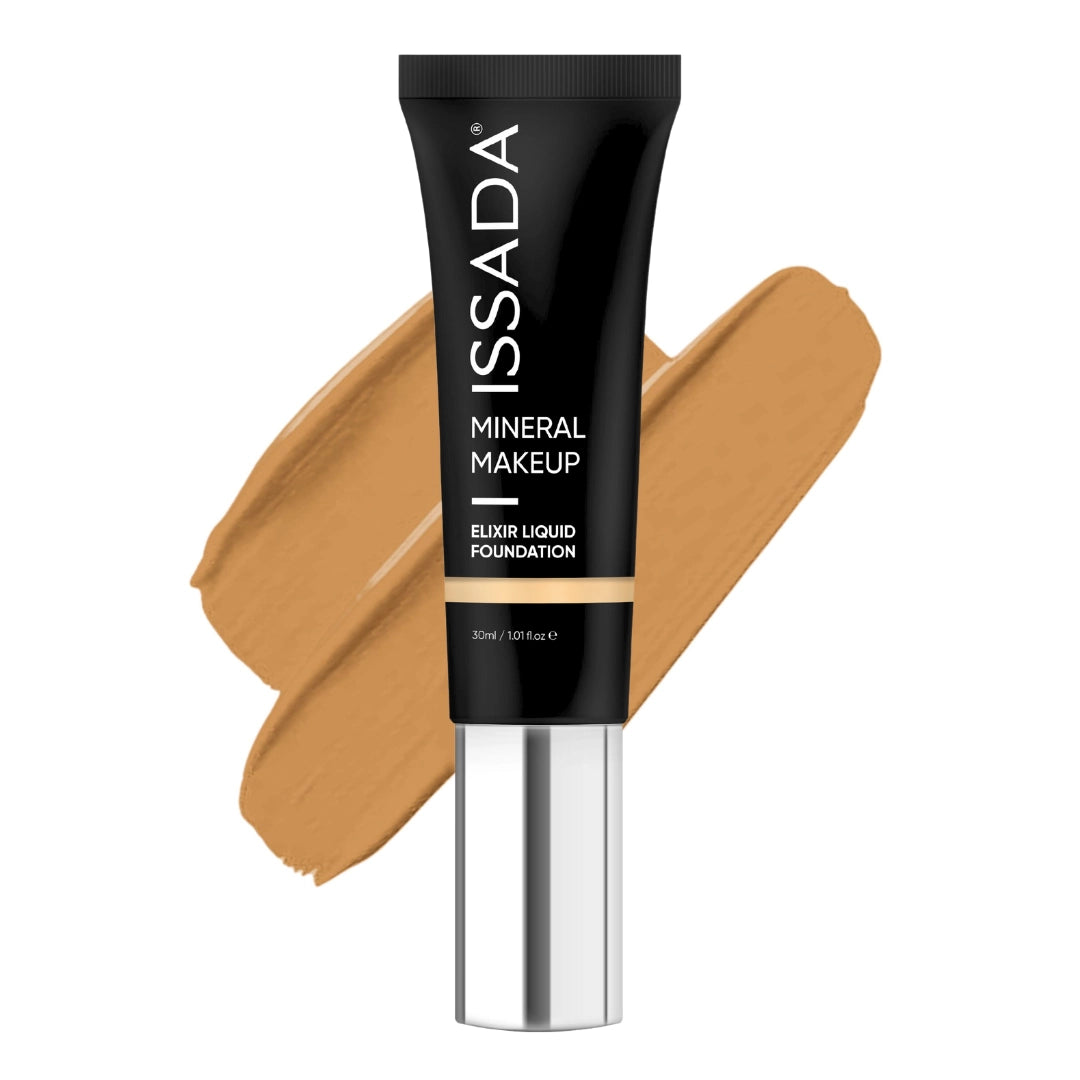 ISSADA Mineral Makeup Elixir Liquid Foundation in 12 warm shade tube with a swatch on a white background