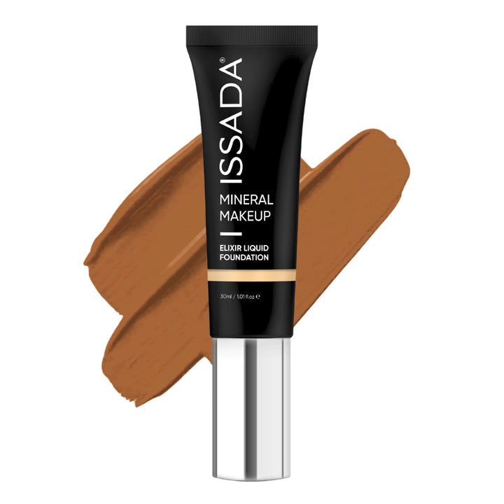 ISSADA Mineral Makeup Elixir Liquid Foundation in 17 neutral shade tube with swatch on a white background