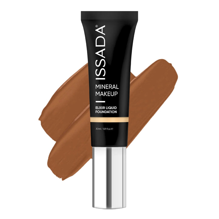 ISSADA Mineral Makeup Elixir Liquid foundation in 2a 0 cool shade tube with swatch on a white background