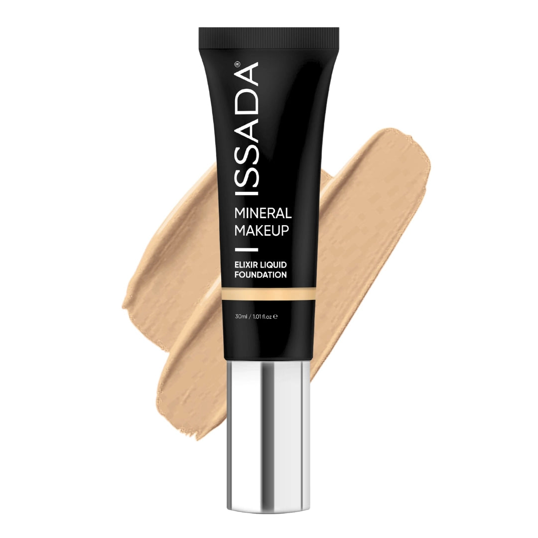 ISSADA Mineral Makeup Elixir Liquid Foundation in 3 warm shade tube with swatch on a white background