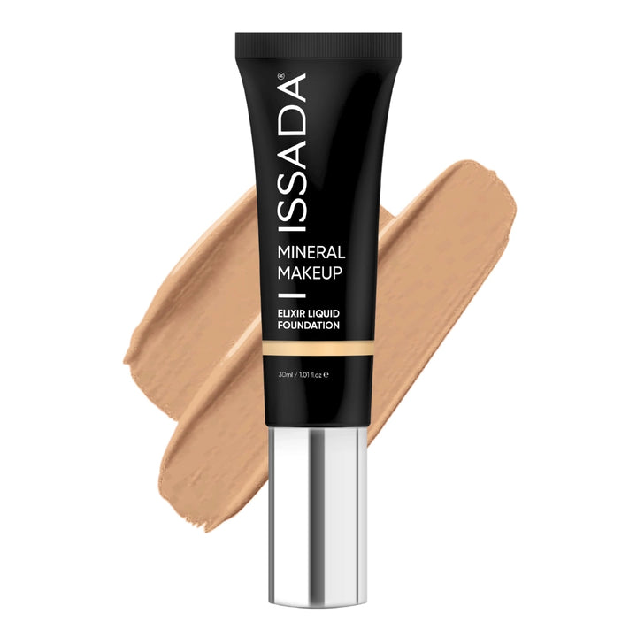 ISSADA Mineral Makeup Elixir Liquid Foundation in 7 cool shade tube with swatch on a white background