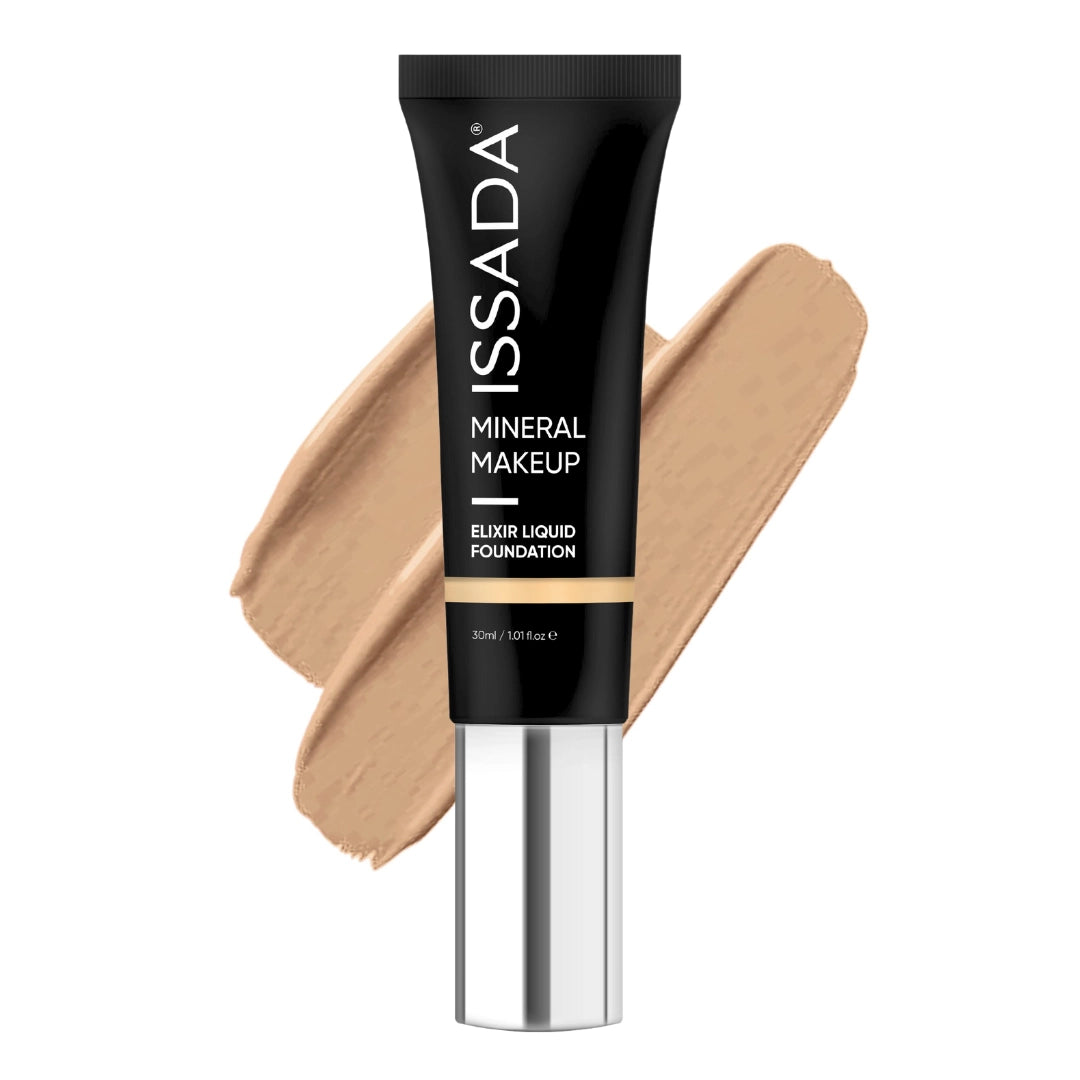 ISSADA Mineral makeup Elixir Liquid Foundation in 7 neutral shade tube with a swatch on a white background