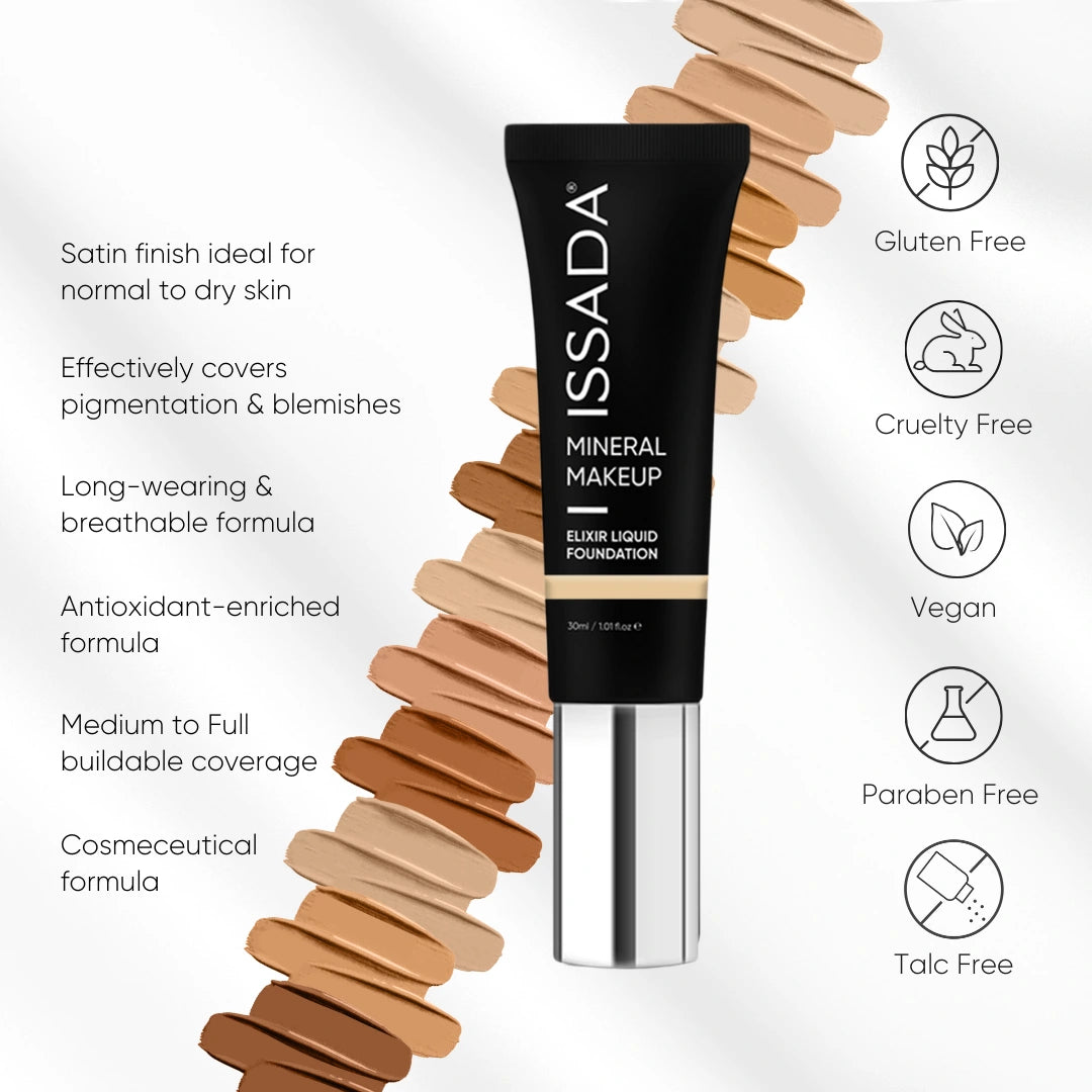 ISSADA Elixir Liquid Foundation mineral makeup tube with shade swatches, satin finish, medium to full coverage, vegan and cruelty free icons