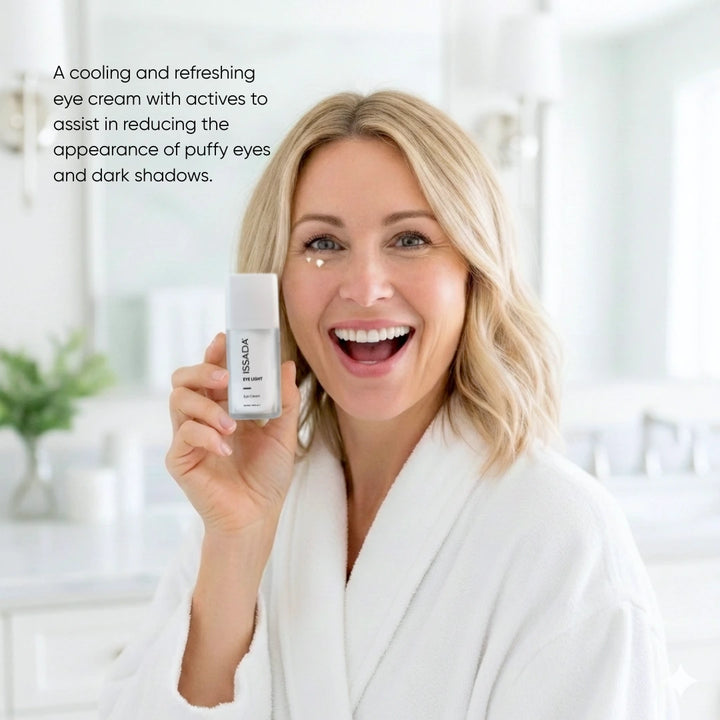 Woman applying ISSADA Eye Light Eye Cream to reduce puffiness and dark circles with a cooling eye treatment