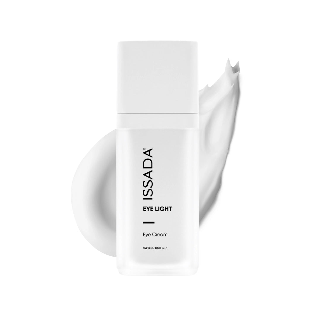 ISSADA Eye Light Eye Cream with cream swatch showing smooth lightweight eye cream texture