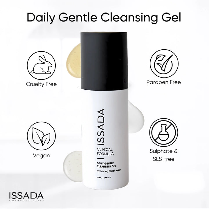 ISSADA Daily Gentle Cleansing Gel bottle with certification icons on a white background