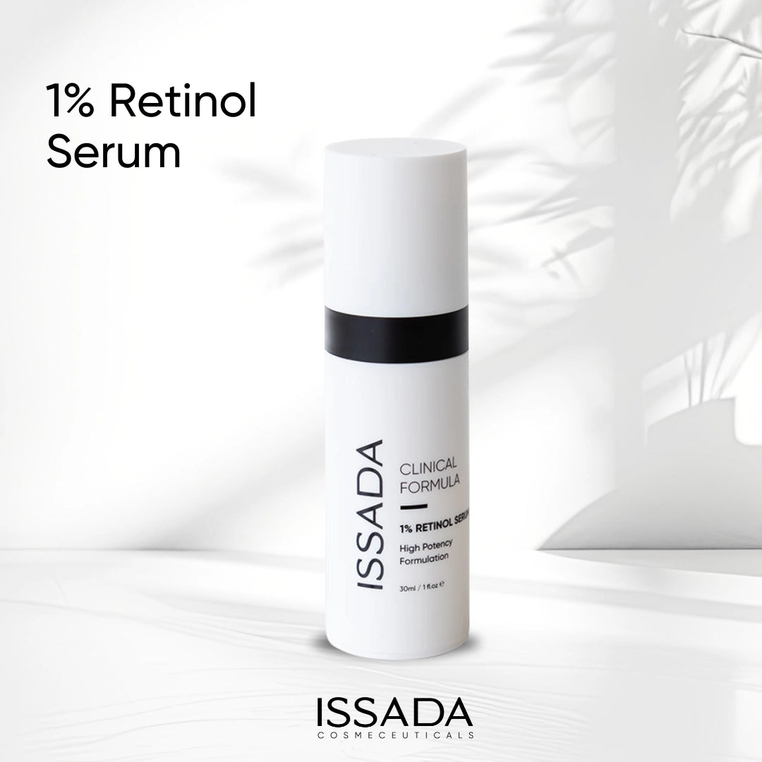 Issada Clinical Formula 1% Retinol Serum bottle displayed against a clean, minimalist background with soft natural light, highlighting its high potency anti-ageing formulation.