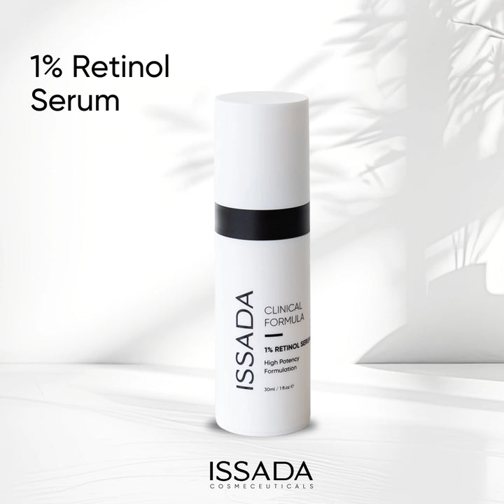 Issada Clinical Formula 1% Retinol Serum bottle displayed against a clean, minimalist background with soft natural light, highlighting its high potency anti-ageing formulation.