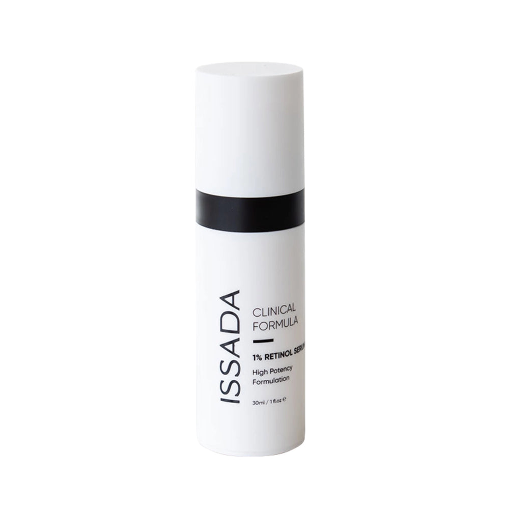 Issada Clinical Formula 1% Retinol Serum bottle in a clean white minimalist design, emphasizing its high-potency anti-ageing formulation.