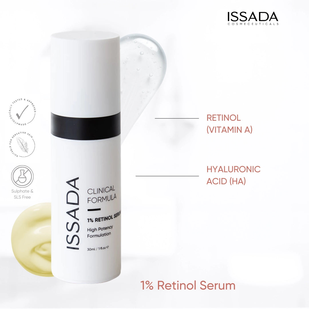 Issada Clinical Formula 1% Retinol Serum bottle highlighting its key ingredients Retinol (Vitamin A) and Hyaluronic Acid (HA), formulated for hydration, renewal, and anti-ageing benefits.