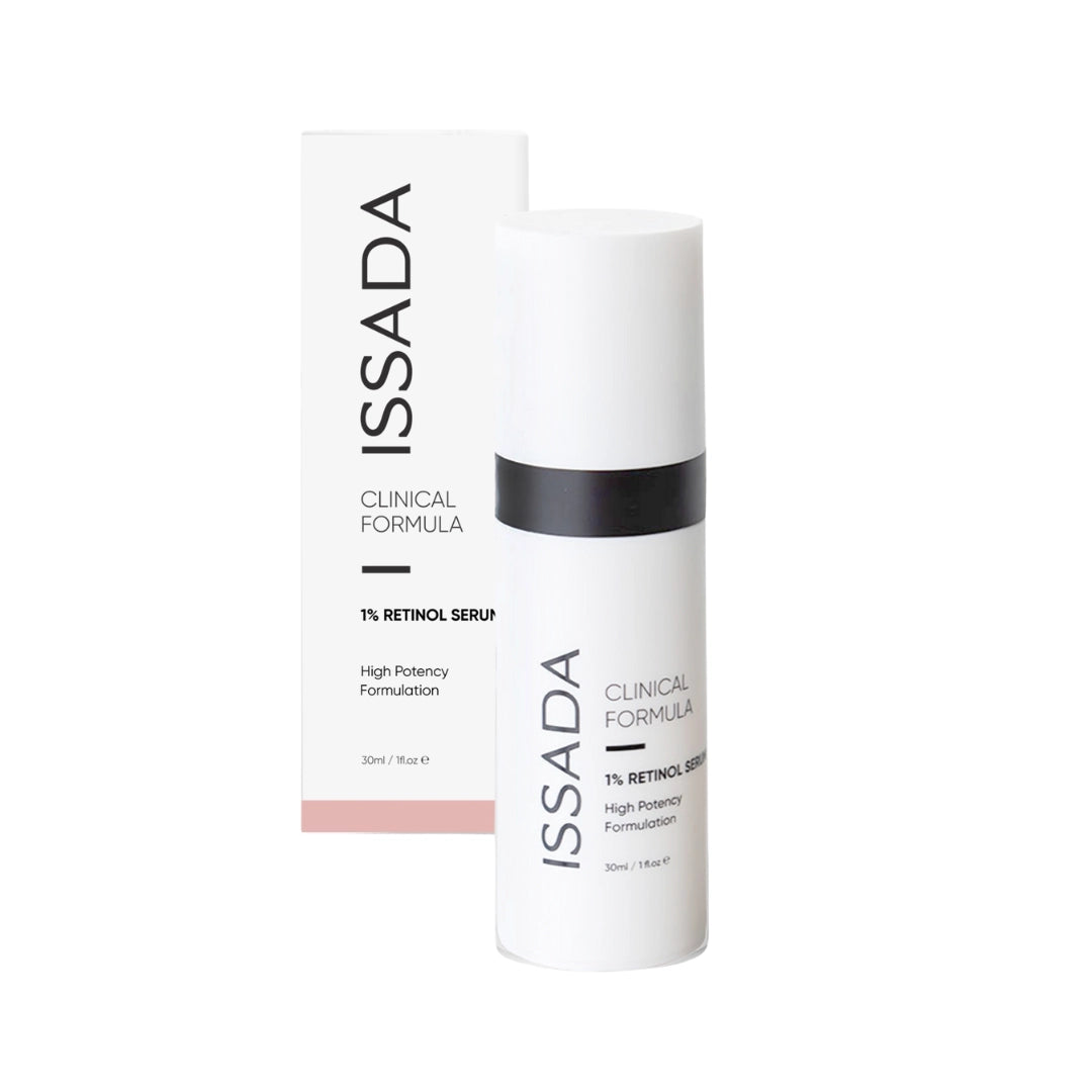 Issada Clinical Formula 1% Retinol Serum bottle displayed in front of its packaging box, highlighting the sleek design and high-potency retinol formulation for anti-ageing care.