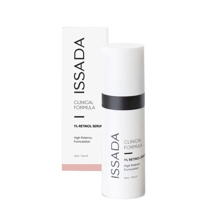 Issada Clinical Formula 1% Retinol Serum bottle displayed in front of its packaging box, highlighting the sleek design and high-potency retinol formulation for anti-ageing care.