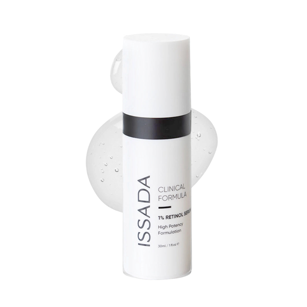 Issada Clinical Formula 1% Retinol Serum bottle displayed with a translucent serum swatch behind it, showcasing its high-potency anti-ageing texture and formulation.